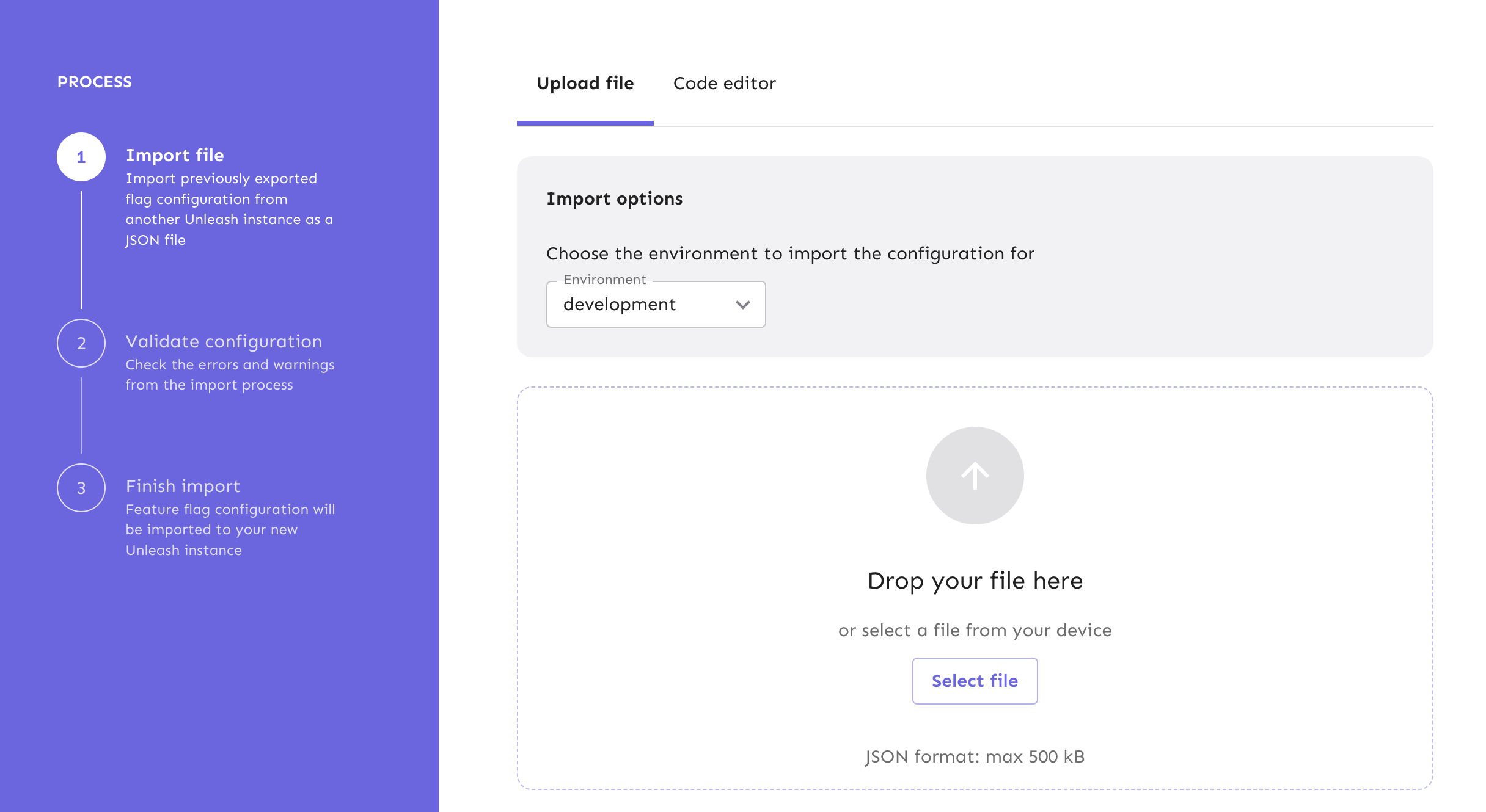 The import UI. It has three stages: import file, validate configuration, finish import.